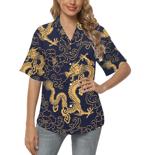 Gold dragon pattern Women's All Over Print Hawaiian Shirt