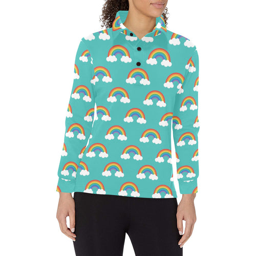 Rainbow pattern green background Women's Long Sleeve Polo Shirt