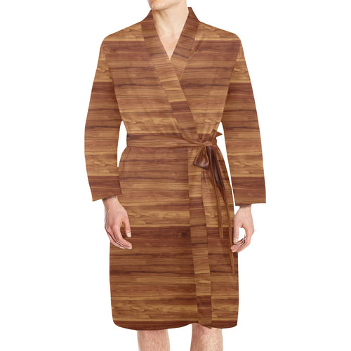 Wood Printed Pattern Print Design 04 Men's Long Sleeve Belted Night Robe