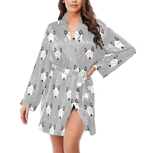 Bull Terrier Pattern Print Design 05 Women's Long Sleeve Belted Night Robe