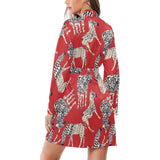 Zebra abstract red background Women's Long Sleeve Belted Night Robe