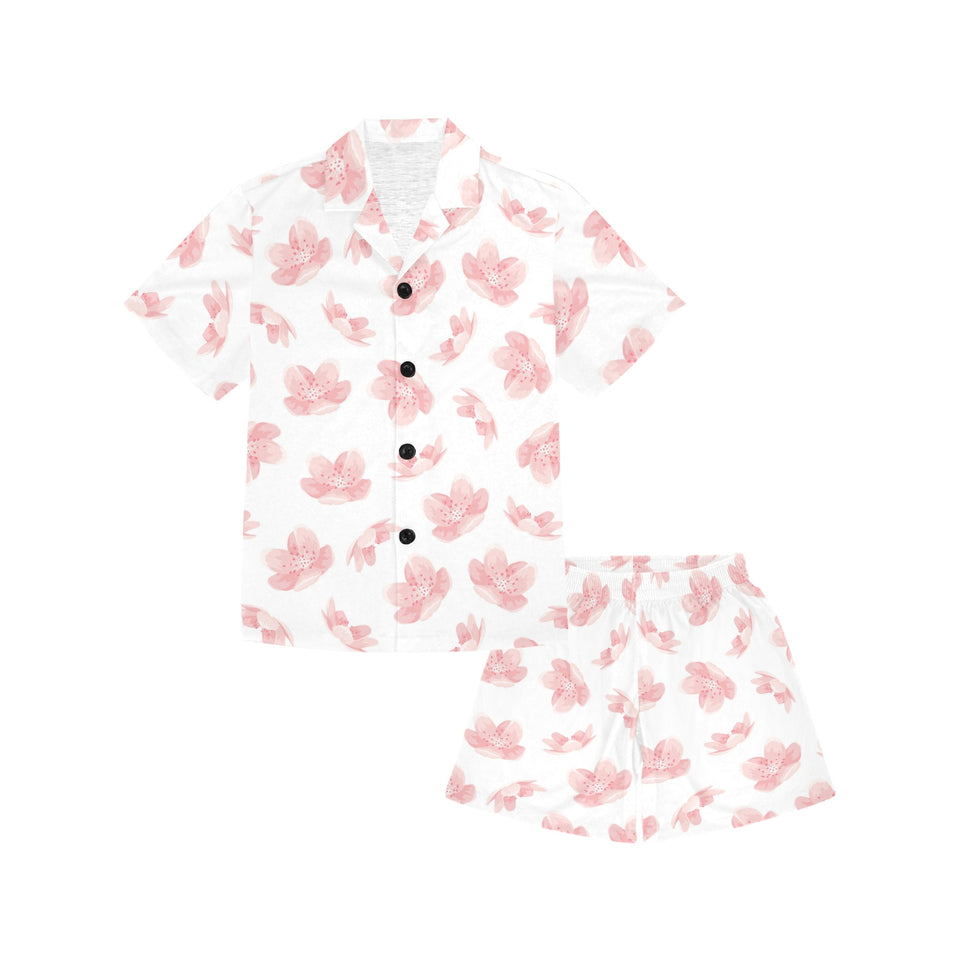 Pink sakura cherry blossom pattern Kids' Boys' Girls' V-Neck Short Pajama Set