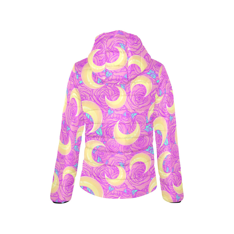 Moon pink rose background Women's Padded Hooded Jacket