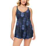 Blue Theme guitar pattern Chest Sexy Pleated Two Piece Swim Dress