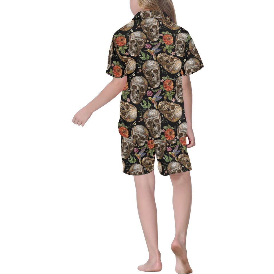 Skull rose humming bird flower pattern Kids' Boys' Girls' V-Neck Short Pajama Set