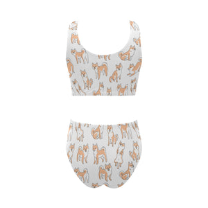 shiba inu dog pattern Chest Bowknot High Waisted Bikini Swimsuit