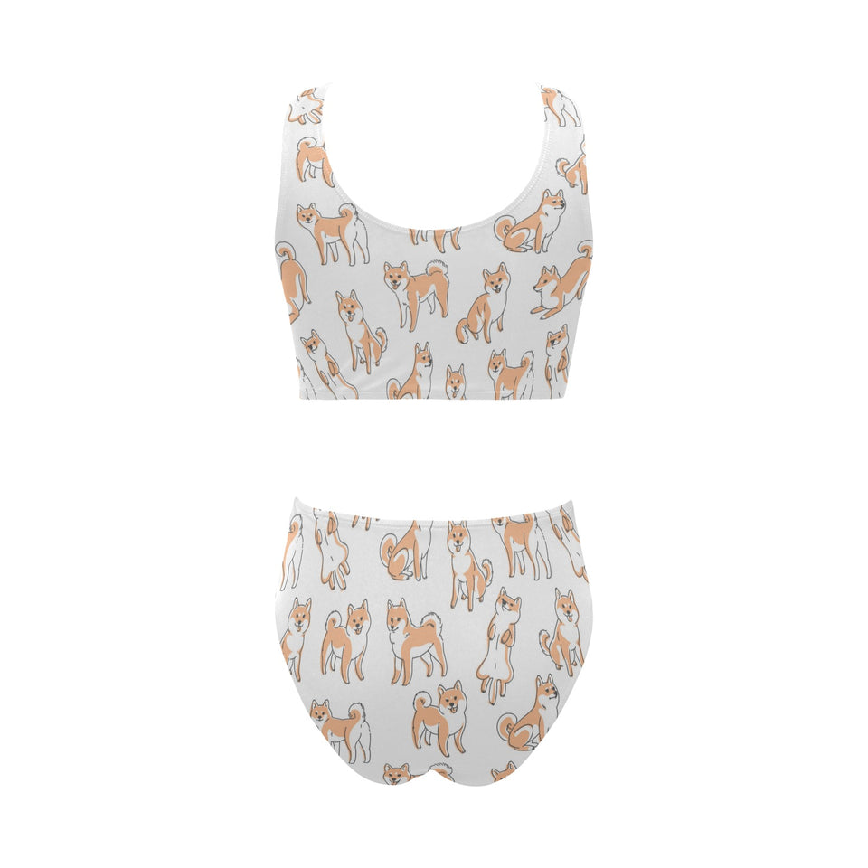 shiba inu dog pattern Chest Bowknot High Waisted Bikini Swimsuit