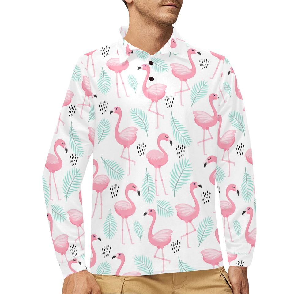 Cute flamingo pattern Men's Long Sleeve Polo Shirt
