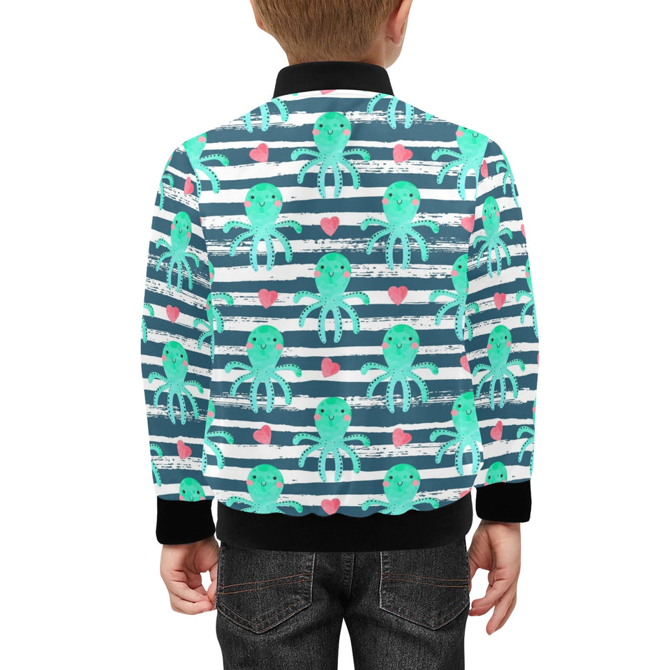 Cute octopuses heart striped background Kids' Boys' Girls' Bomber Jacket