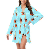electric guitar pattern light blue background Women's Long Sleeve Belted Night Robe