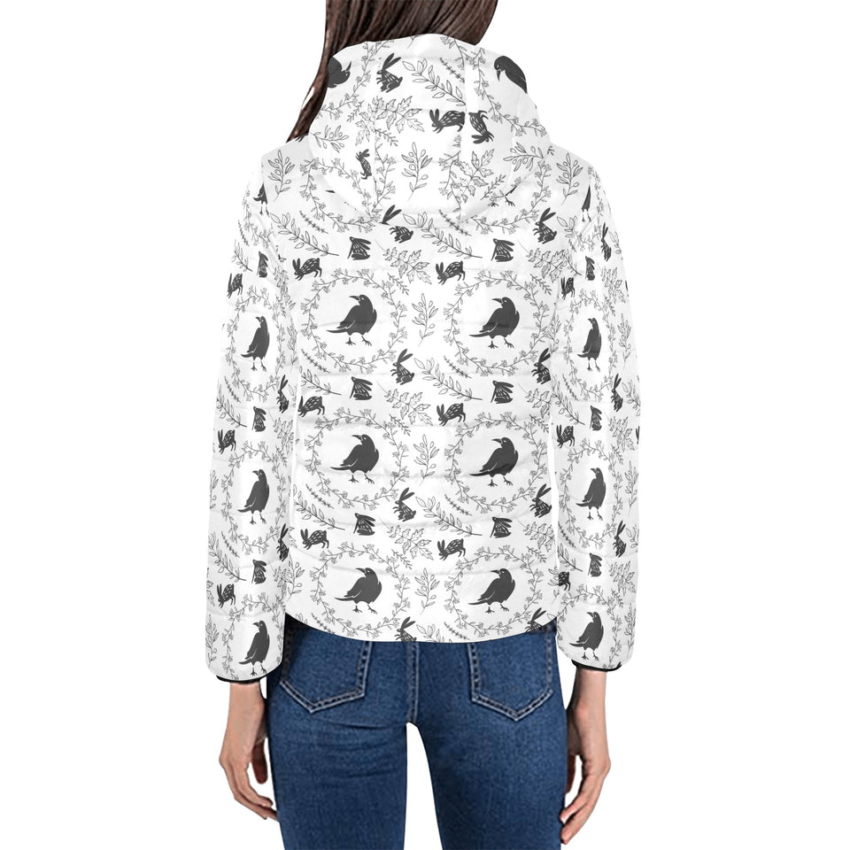 Crows floral wreath rabbit pattern Women's Padded Hooded Jacket