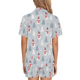 Snowman christmas tree snow gray background Women's V-Neck Short Pajama Set