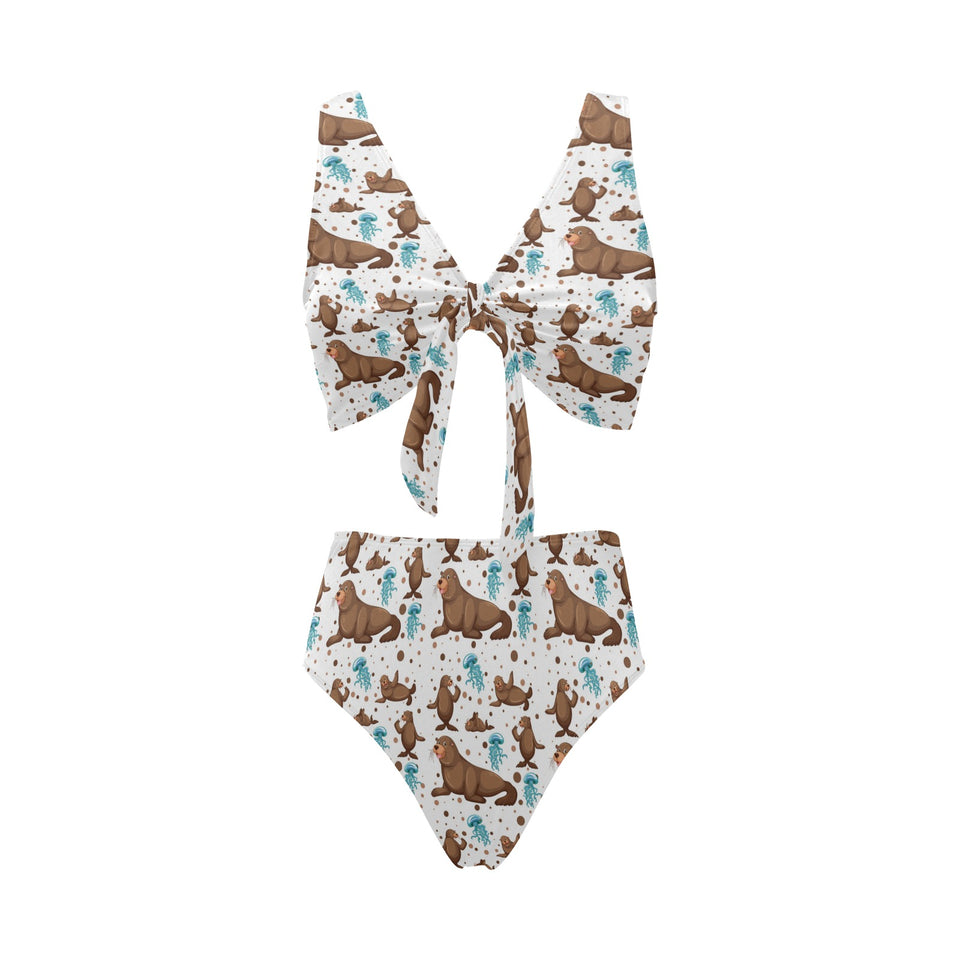sea lion Seals jellyfish pattern Chest Bowknot High Waisted Bikini Swimsuit