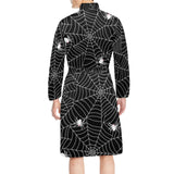 Spider web design pattern Black background white c Men's Long Sleeve Belted Night Robe