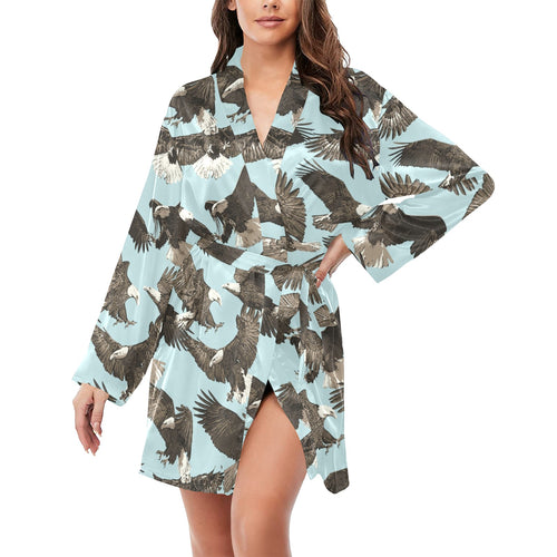 Eagle Pattern Print Design 01 Women's Long Sleeve Belted Night Robe