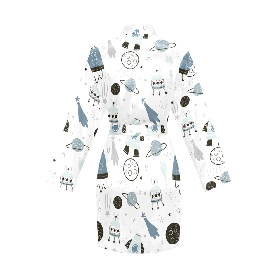 Hand drawn space elements space rocket star planet Women's Long Sleeve Belted Night Robe