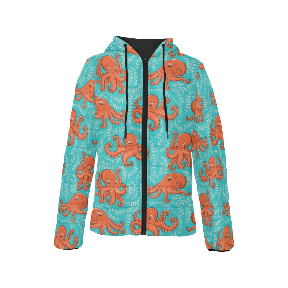 Octopus turquoise background Women's Padded Hooded Jacket