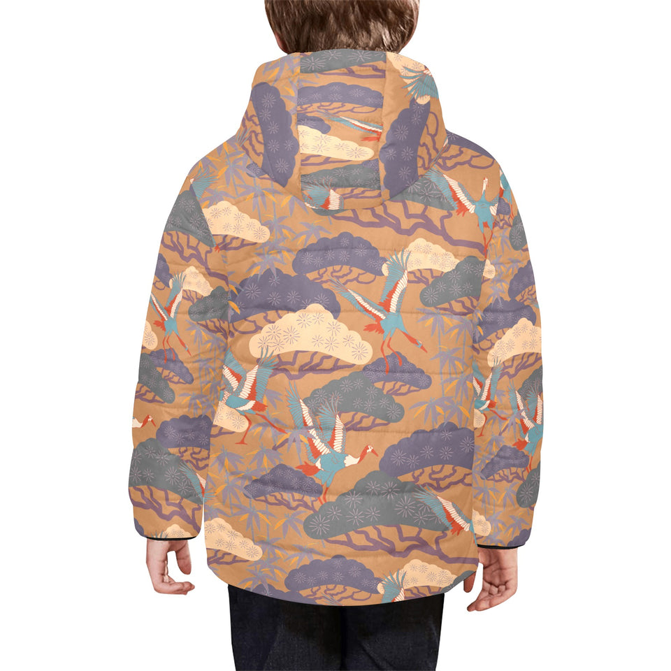 Bonsai bamboo stork japanese pattern brown theme Kids' Boys' Girls' Padded Hooded Jacket