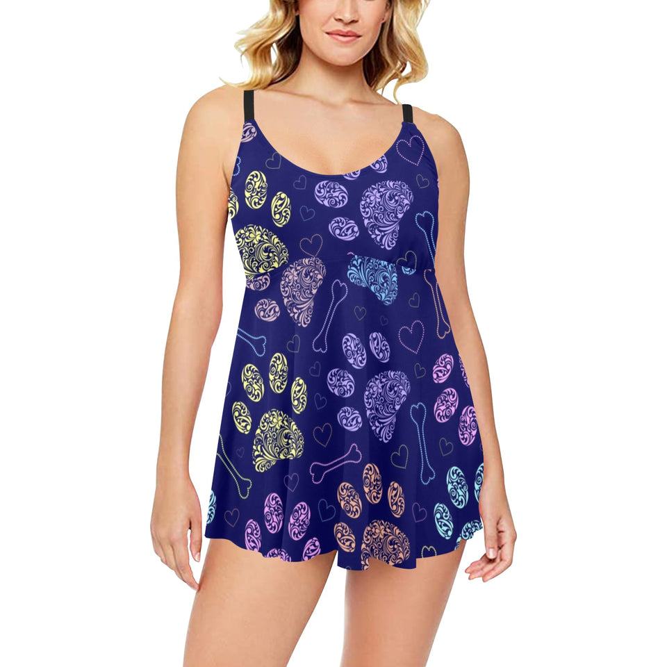 Dog Paws Pattern Print Design 02 Chest Sexy Pleated Two Piece Swim Dress