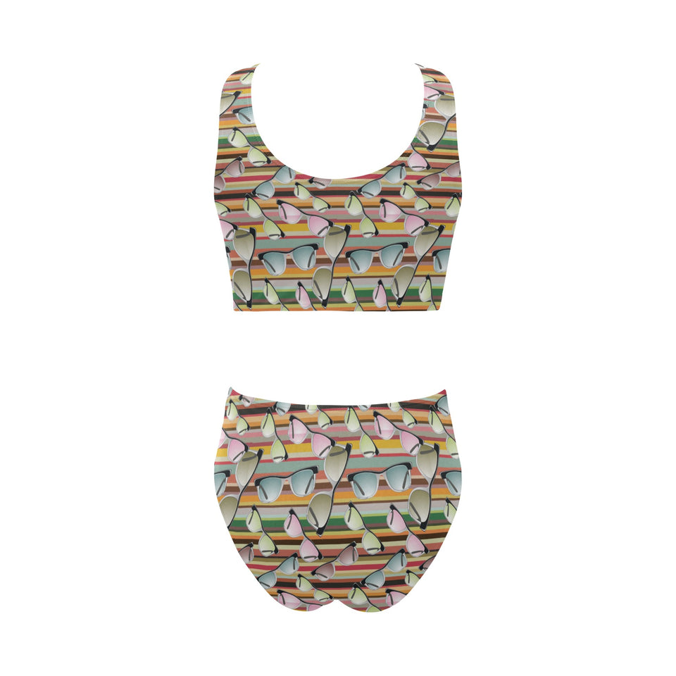 Sun Glasses Pattern Print Design 02 Chest Bowknot High Waisted Bikini Swimsuit