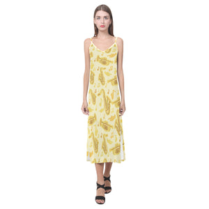 Saxophone cornet pattern yellow background V-Neck Open Fork Long Dress