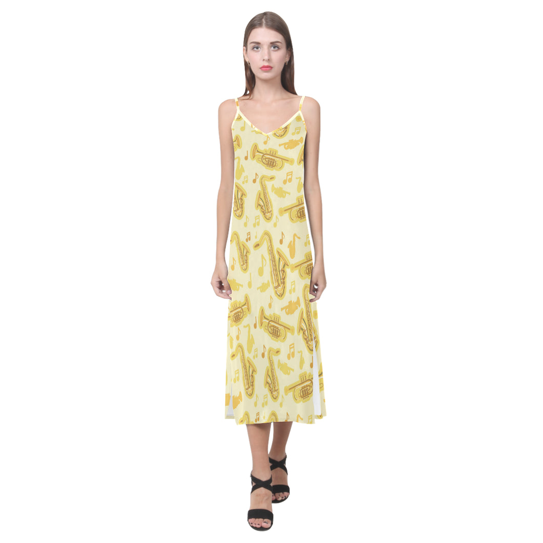 Saxophone cornet pattern yellow background V-Neck Open Fork Long Dress