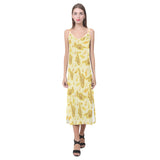 Saxophone cornet pattern yellow background V-Neck Open Fork Long Dress