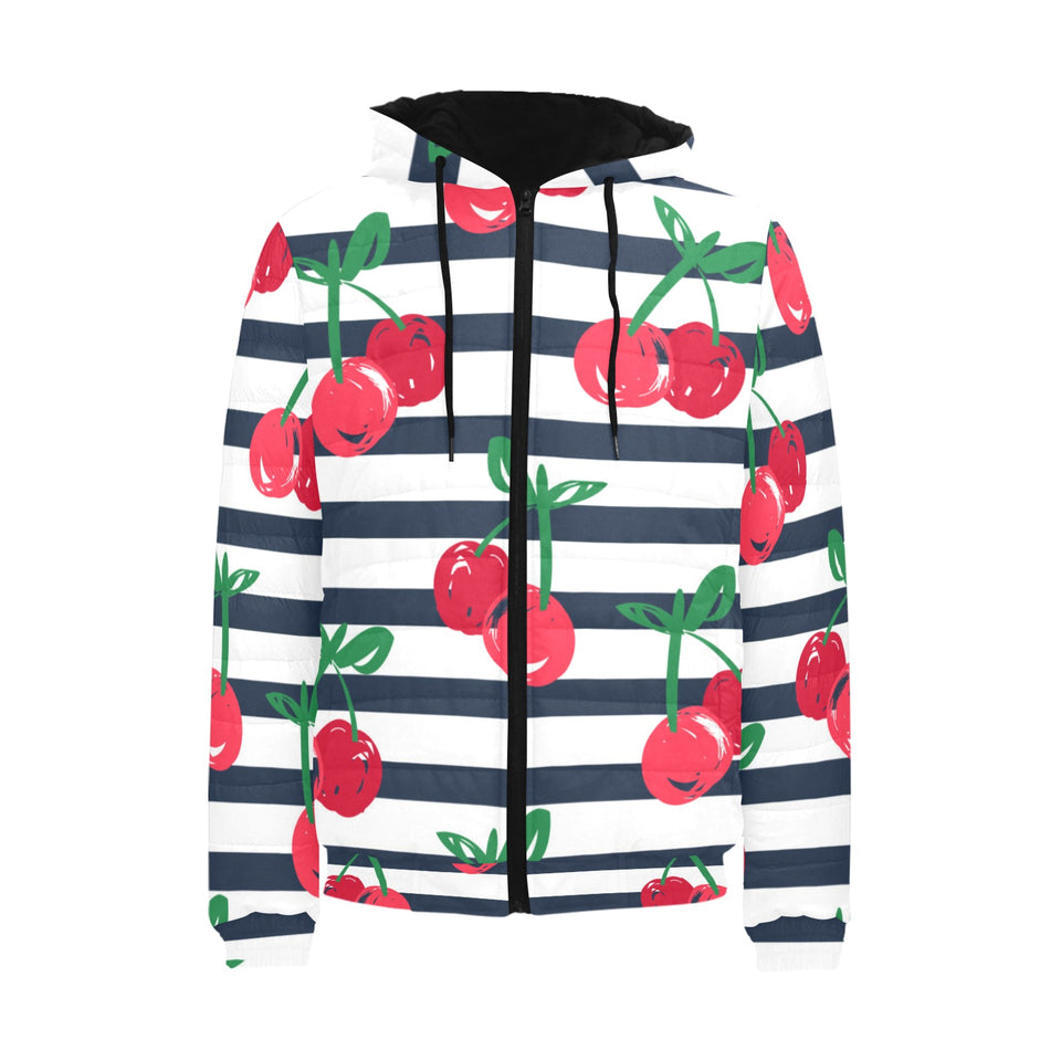 Hand drawn cherry pattern striped background Men's Padded Hooded Jacket