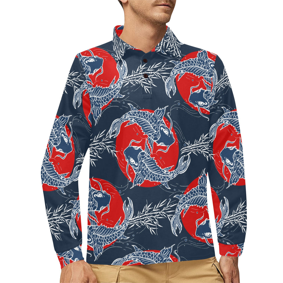 Koi Fish Carp Fishs hand drawn japanese art Men's Long Sleeve Polo Shirt