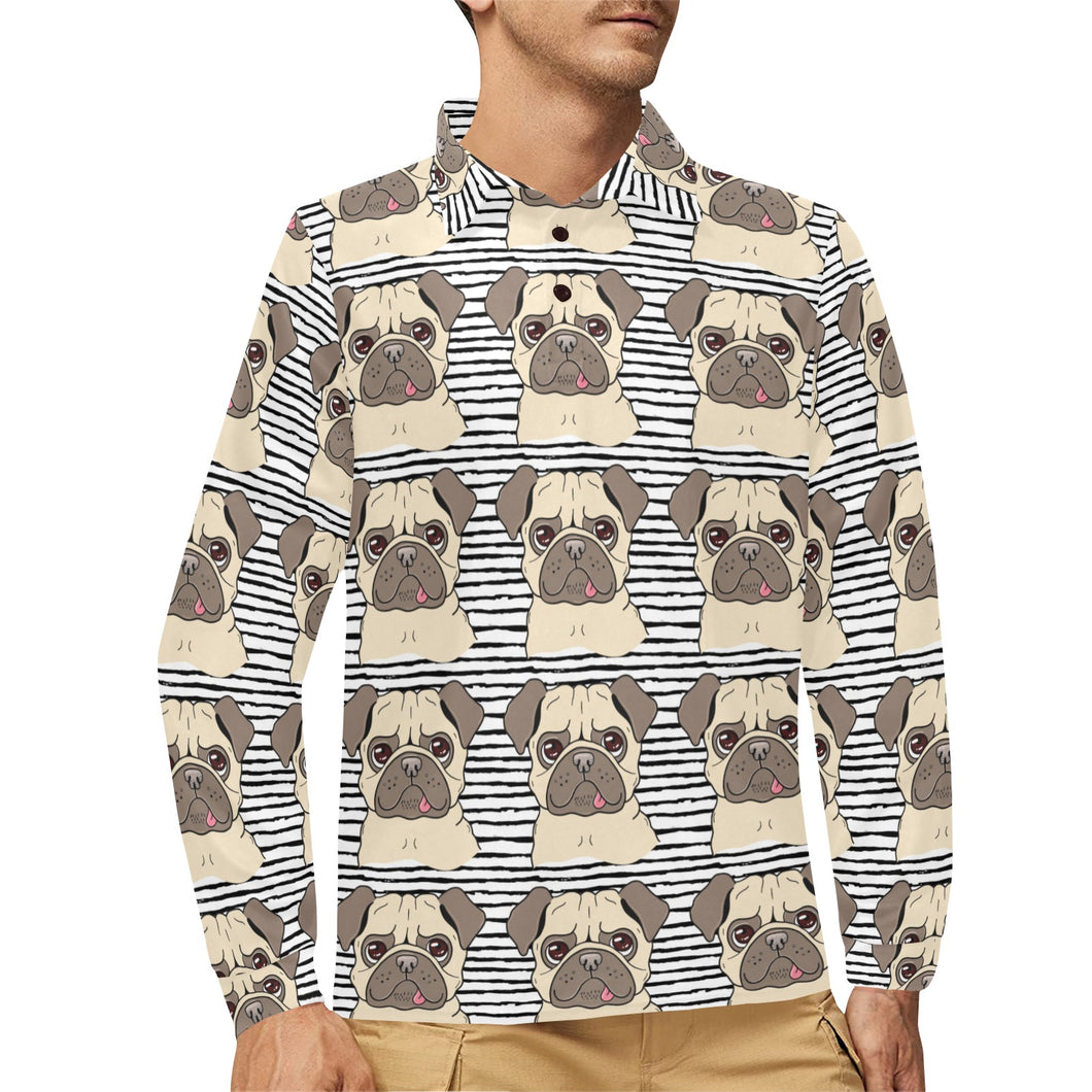 Happy pug pattern Men's Long Sleeve Polo Shirt