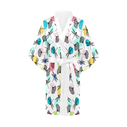 Dragonflies ginkgo leaves pattern Women's Short Kimono Robe