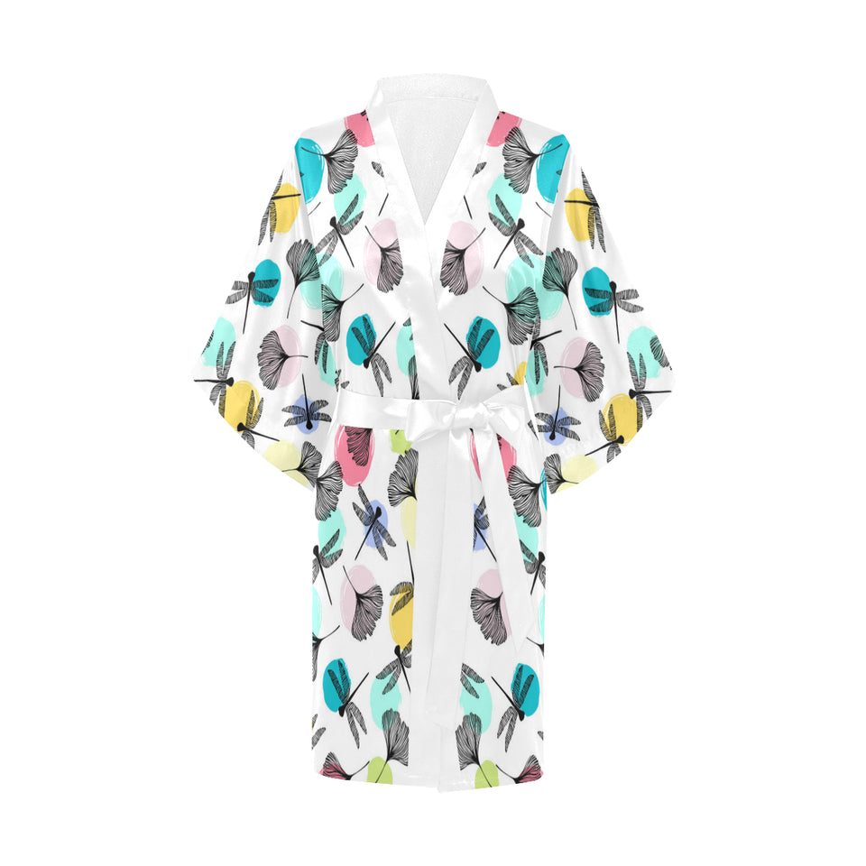 Dragonflies ginkgo leaves pattern Women's Short Kimono Robe