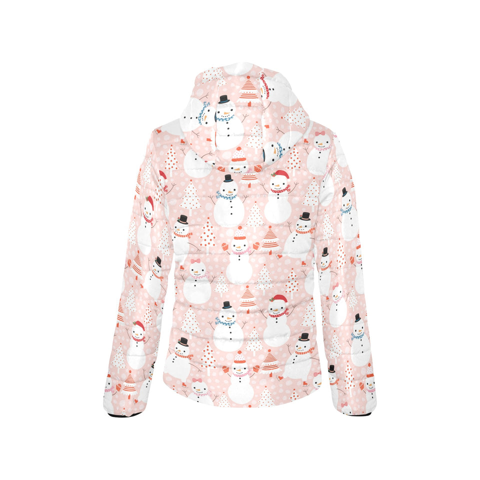 Cute snowman christmas tree snowpink background Women's Padded Hooded Jacket