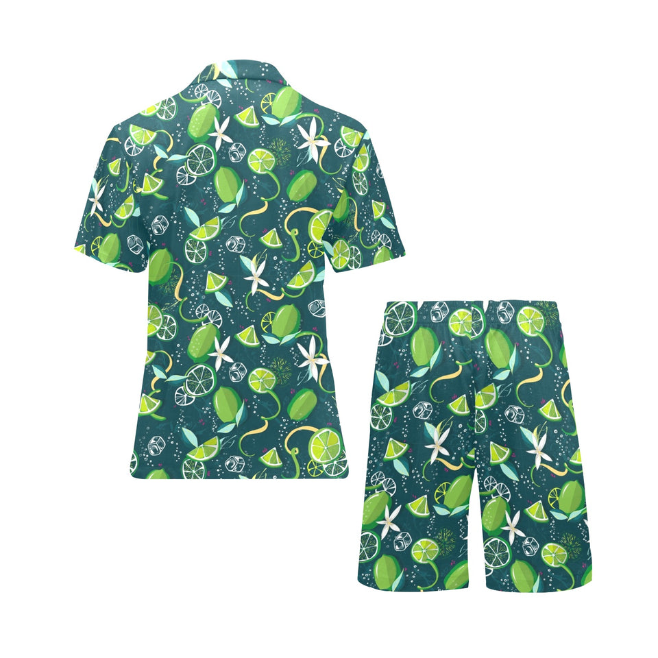 Lime ice flower pattern Men's V-Neck Short Pajama Set
