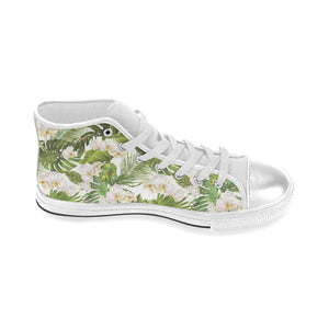 White orchid flower tropical leaves pattern Women's High Top Canvas Shoes White