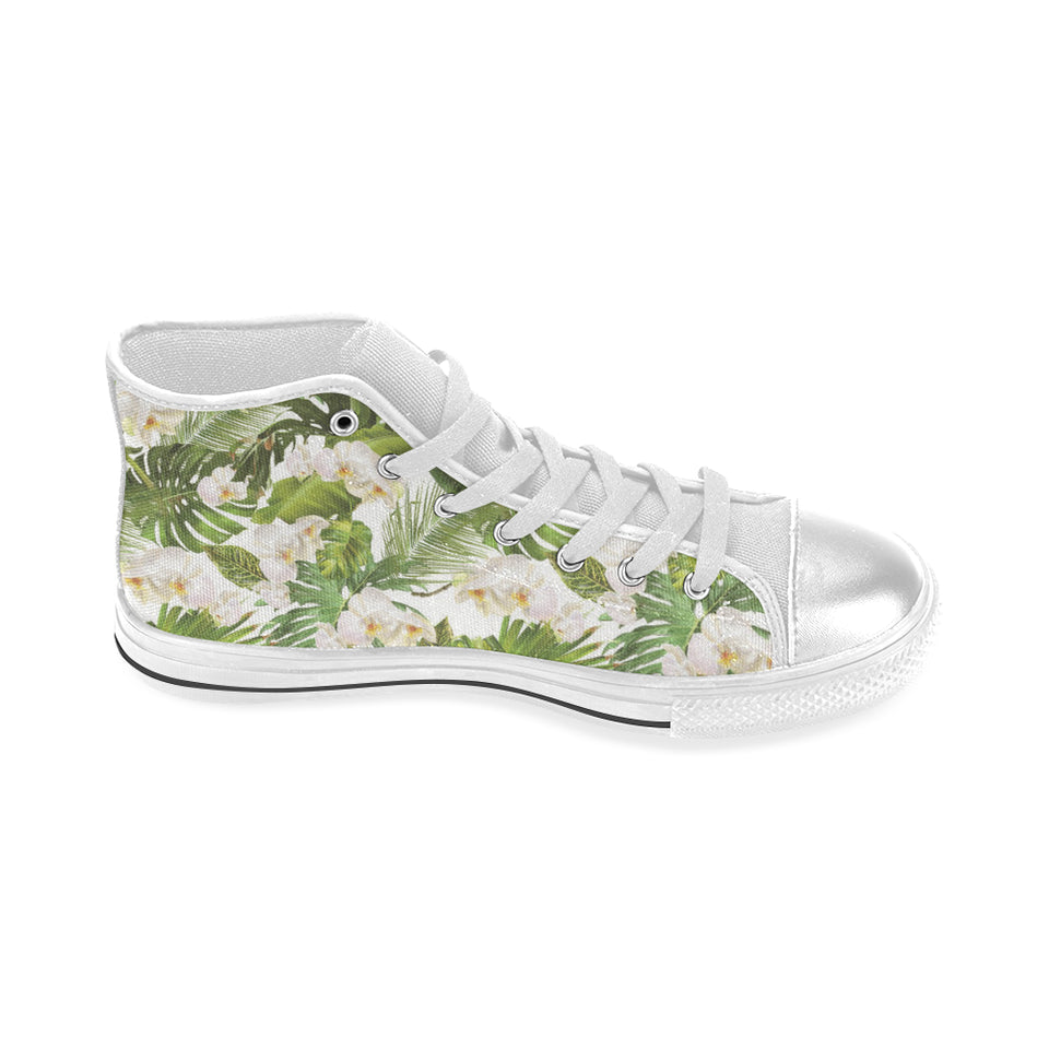 White orchid flower tropical leaves pattern Women's High Top Canvas Shoes White