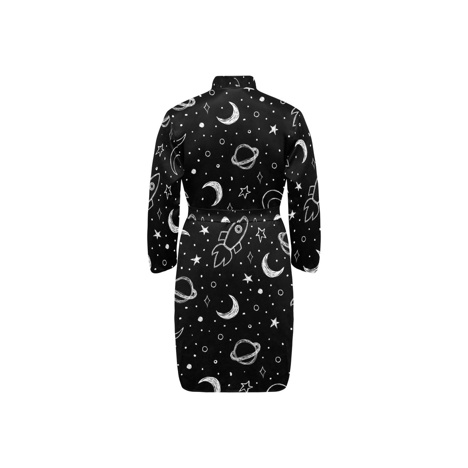Hand drawn space rocket star planet Men's Long Sleeve Belted Night Robe