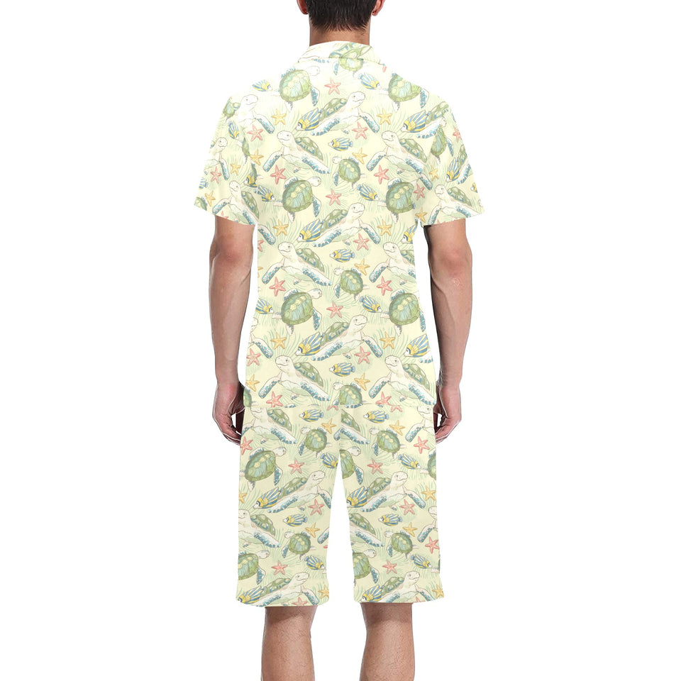 Hand drawn sea turtle fish pattern Men's V-Neck Short Pajama Set