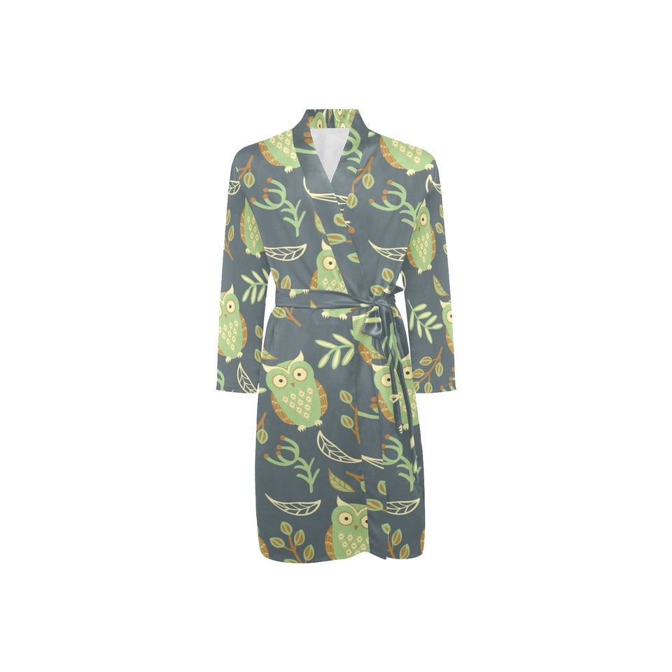 Cute owls leaves pattern Men's Long Sleeve Belted Night Robe