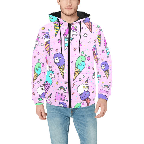 Cute ice cream cone animal pattern Men's Padded Hooded Jacket