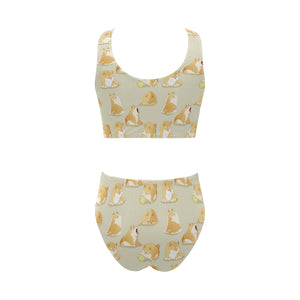Cute fat shiba inu dog pattern Chest Bowknot High Waisted Bikini Swimsuit