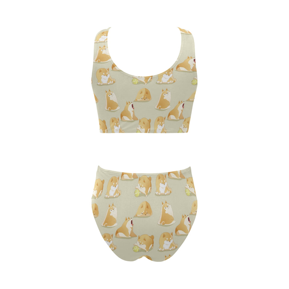 Cute fat shiba inu dog pattern Chest Bowknot High Waisted Bikini Swimsuit