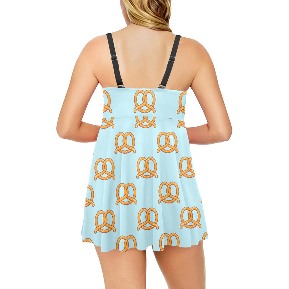 Pretzels Pattern Print Design 03 Chest Sexy Pleated Two Piece Swim Dress