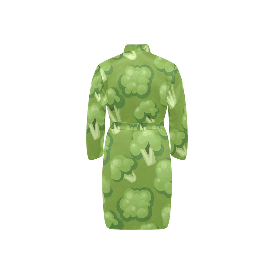 Broccoli pattern green background Men's Long Sleeve Belted Night Robe