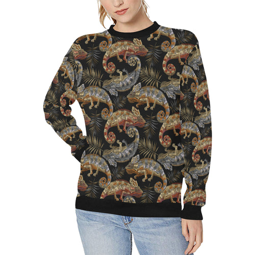 Chameleon lizard tropical leaves palm tree Women's Crew Neck Sweatshirt