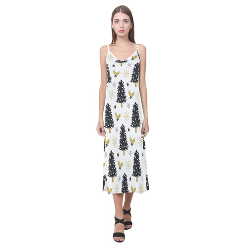 Christmas tree holly snow star pattern V-Neck Open Fork Long Dress