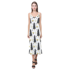 Christmas tree holly snow star pattern V-Neck Open Fork Long Dress