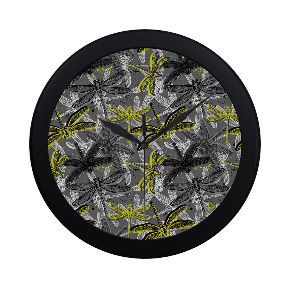 Hand drawn dragonfly pattern Elegant Black Wall Clock