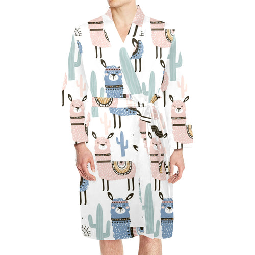 lama Alpaca cactus hand drawn pattern Men's Long Sleeve Belted Night Robe