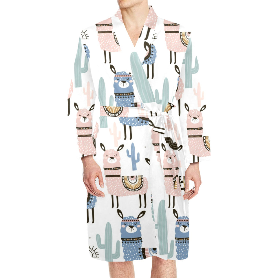 lama Alpaca cactus hand drawn pattern Men's Long Sleeve Belted Night Robe